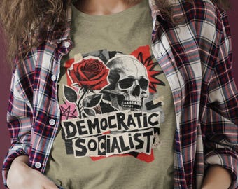 Democratic Socialist Skull Rose Shirt, Socialism Punk Graphic Tee, Gift for Leftist, Progressive, Political Activist, Protester