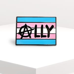 Puede incluir: Un pin de esmalte azul, rosa y blanco con un símbolo de anarquía negro y la palabra "ALLY" escrita en negro.