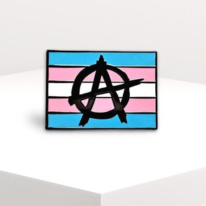 May include: A blue, pink, and white transgender pride flag with a black anarchy symbol in the center.