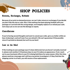 May include: A text-based graphic with a cartoon illustration of a bug wearing a hat and holding a pipe. The text reads "SHOP POLICIES" and includes information about returns, exchanges, refunds, cancellations, and lost packages.