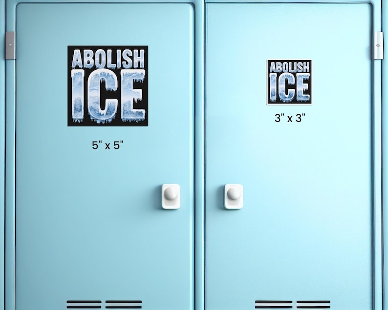May include: Two blue locker doors with white handles. On the left door is a 5" x 5" square sticker that says "ABOLISH ICE" in white letters with a blue and white ice graphic. On the right door is a 3" x 3" square sticker that says "ABOLISH ICE" in white letters with a blue and white ice graphic.