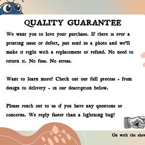 May include: A white rectangular graphic with the text "QUALITY GUARANTEE" and additional text about purchase satisfaction and support. A cartoon bug is in the upper left corner, and a pointing hand is in the lower right corner.