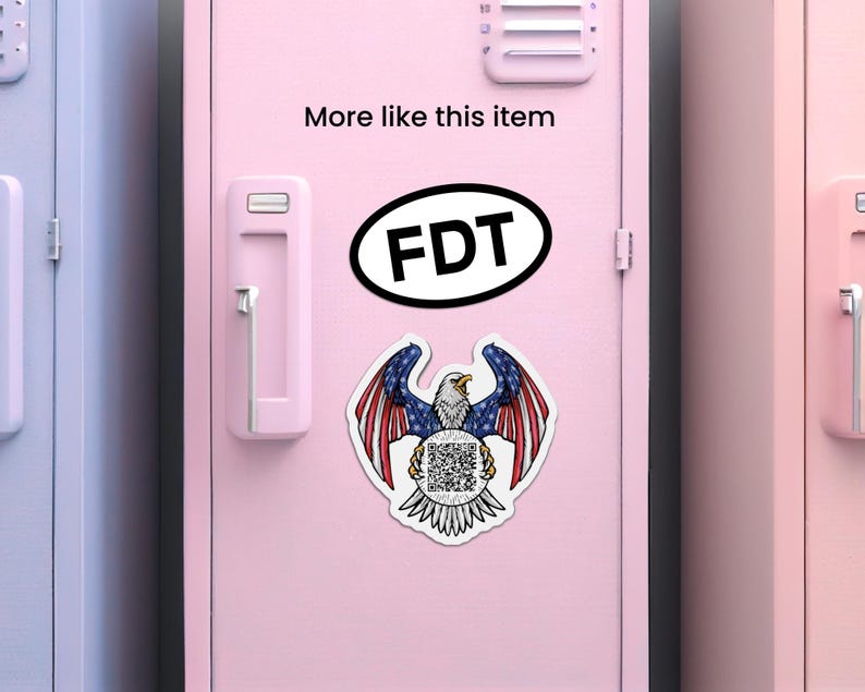 May include: A pink locker door with a white eagle holding a circle with a QR code. The eagle is surrounded by an American flag. The text "More like this item" and "FDT" are on the locker door.