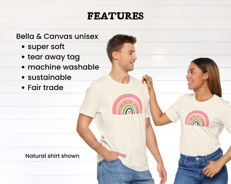 May include: Two white t-shirts featuring a rainbow graphic and the text "It's okay to not be okay". The shirts are made from Bella + Canvas unisex fabric. Features include super soft, tear away tag, machine washable, sustainable, and fair trade.