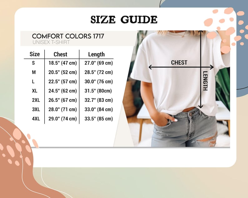 Pode incluir: Uma tabela de guia de tamanhos para uma t-shirt unissexo Comfort Colors 1717. A tabela lista os tamanhos de S a 4XL com as medidas de peito e comprimento em polegadas e cent&iacute;metros. Uma t-shirt branca &eacute; mostrada com setas indicadoras.