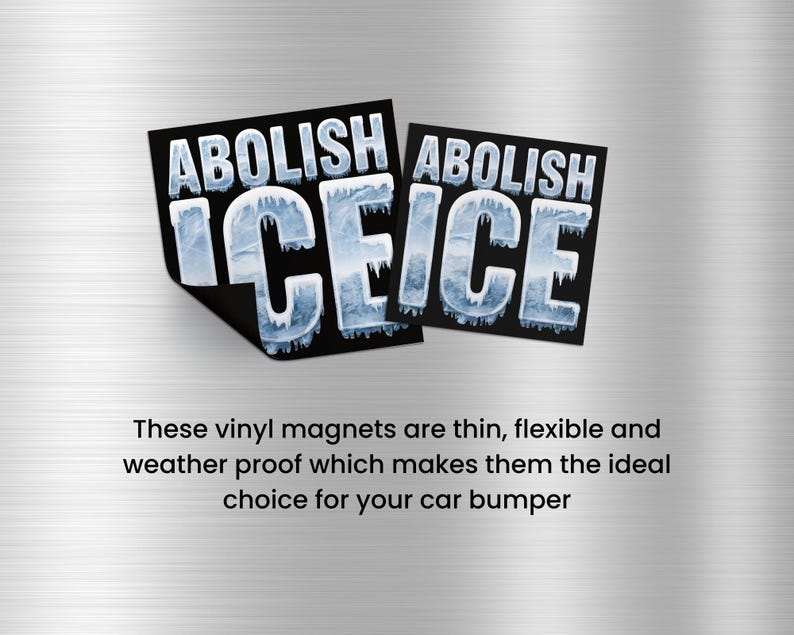 May include: Two black vinyl magnets with the text "ABOLISH ICE" in white letters with a blue and white ice graphic. The magnets are thin and flexible.