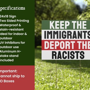Keep the Immigrants Deport the Racists Yard Sign, Human Rights, Anti Fascist, Anti Trump, Leftist Lawn Sign, Gift for a Democrat, Socialist image 2
