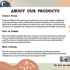 May include: A light blue cartoon bug with a friendly face is holding a sign that says "About Our Products". The sign is on a peach background with a blue and pink polka dot pattern. The text on the sign describes the creative process, print-on-demand, and batch creation methods used to make the products.