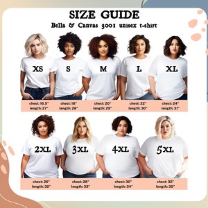 May include: Size guide for Bella & Canvas 3001 unisex t-shirts. The guide shows models wearing white t-shirts in sizes XS to 5XL. Measurements are provided for chest and length in inches for each size. The text "SIZE GUIDE" is at the top.
