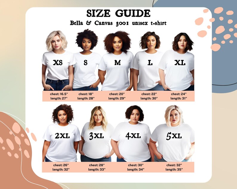 May include: Size guide for Bella & Canvas 3001 unisex t-shirts. The guide shows models wearing white t-shirts in sizes XS to 5XL. Measurements are provided for chest and length in inches for each size. The text "SIZE GUIDE" is at the top.