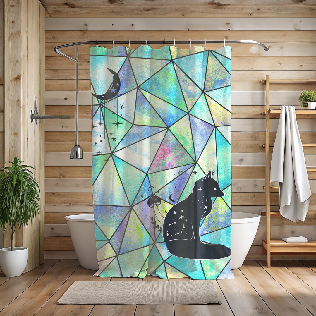 Celestial Fox Teal Stained Glass Shower Curtain - Fox Bathroom Decor ...