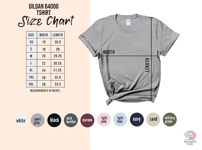 Puede incluir: Una camiseta Gildan 64000 gris claro con una tabla de tallas. La tabla enumera las tallas XS a 3XL, con medidas de ancho y largo en pulgadas. Las opciones de color incluyen blanco, gris deportivo, negro, jaspeado oscuro, granate, rosa claro, azul claro, marino, arena y verde militar.