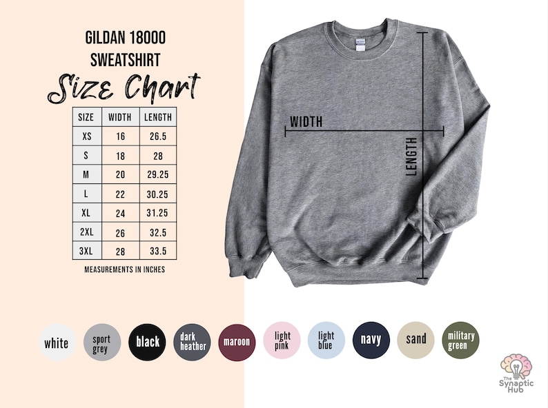 Puede incluir: Una sudadera gris jaspeado Gildan 18000 con una tabla de tallas que muestra las medidas de ancho y largo en pulgadas. La tabla incluye tallas XS a 3XL. Se muestran opciones de color debajo de la tabla.