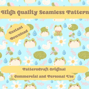 May include: A seamless pattern with a light blue background featuring cartoon frogs, ducks, flowers, lily pads, and raindrops. Text includes "High Quality Seamless Pattern", "Instant Download", and "PatternCraft Original".