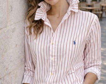 Upcycled Ralph Lauren Stripe Shirt with Ruffle Collar | Orange Stripe Button Down | Cottagecore Blouse | One of a Kind Women’s Clothing