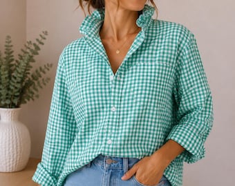 Mint Green Gingham Ruffle Collar Button Down Shirt | Upcycled Women’s Blouse | Cottagecore Shirt | Feminine Oversized Top