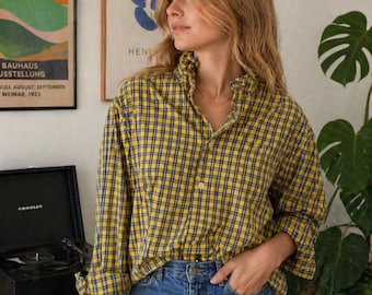 Upcycled Ralph Lauren Hemd mit Rüschenkragen | Gelb Karierter Button Down | Einzelstück
