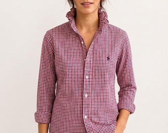 Upcycled Ralph Lauren Pink and Blue Gingham Ruffle Collar Shirt | Cottagecore Button Down Top | Feminine Ralph Lauren Blouse