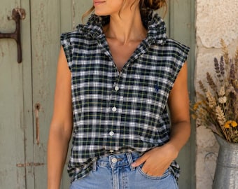 Upcycled Ralph Lauren Plaid Sleeveless Top | Ruffle Collar Cottagecore Blouse