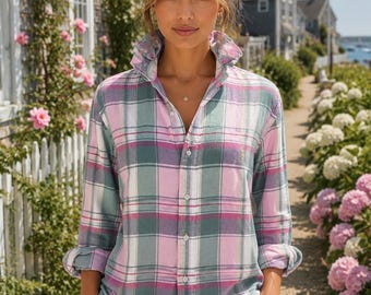 Upcycled Ralph Lauren Pink & Sage Plaid Ruffle Collar Shirt | Coastal Preppy Button Down | Nantucket Summer Blouse | One of a Kind Heirloom