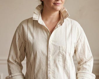 Vintage Striped Button Down Shirt | Neutral Cottagecore Prairie Blouse