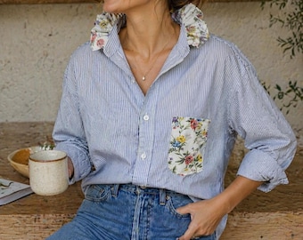 Upcycled Blue Stripe Shirt with Floral Ruffle Collar | Cottagecore Blouse, One of a Kind Top