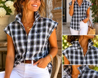 Upcycled Plaid Ralph Lauren Sleeveless Top | Ruffled Collar, Cottagecore Boho Style