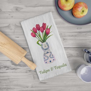 Tulips in a tequila inspired inspired vase, Tea Towel, flower tea towel, pink flower decor, hostess gift tea towel, floral dish towel