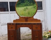 Vintage DECO VANITY with Round Mirror Classic Mid Century Modern Vanity with Cabinets Original Wood Finish Poppy Cottage Vintage Furniture