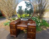 VANITY with Round Etched Mirror Vintage Classic DECO Waterfall Style Wood Vanity Refurbished Original Finish Poppy Cottage Vintage Furniture