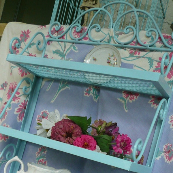 Vintage Wrought Iron Hanging Shelf with Towel Bar
