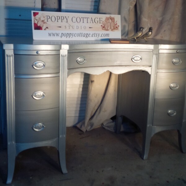 Vanity/Desk Vintage Bow Front Solid Wood/Custom PAINT to ORDER/MID Century Poppy Cottage Painted Furniture