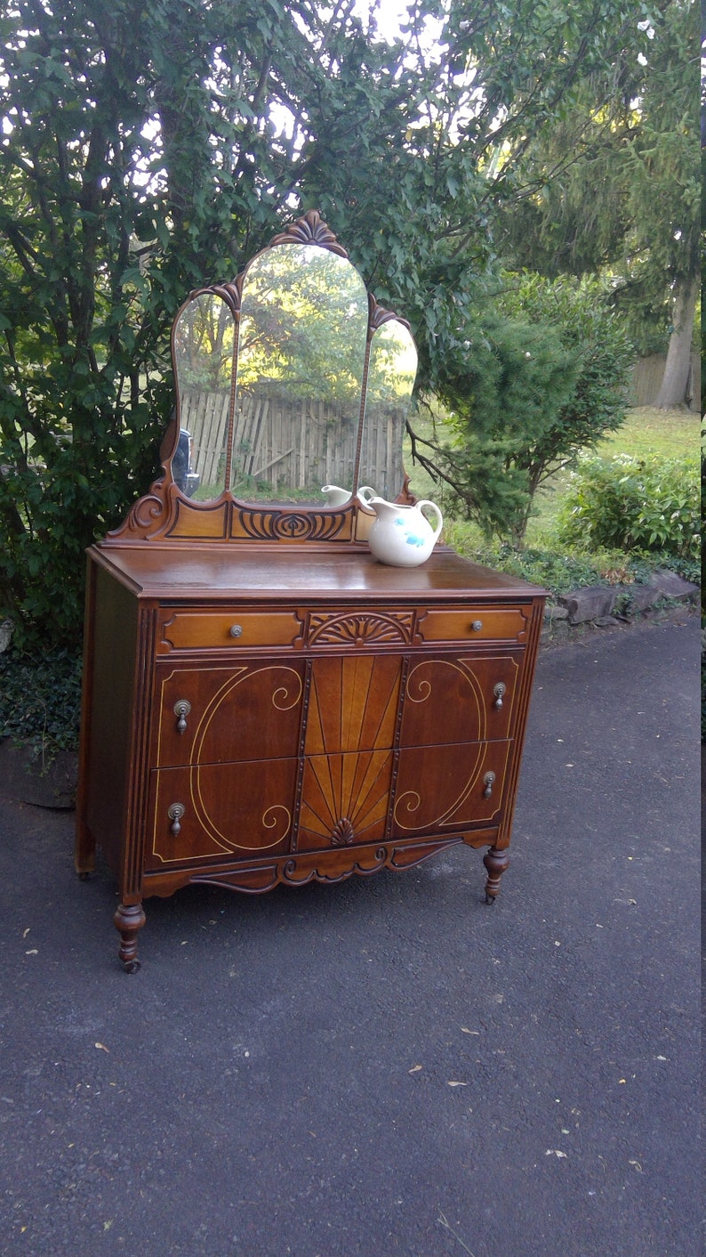 Dresser Vintage Chest Of Drawers With Fancy Triple Mirror Etsy