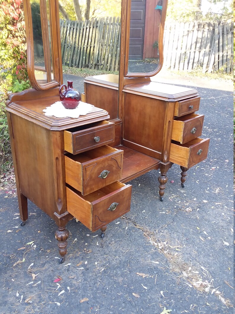 VANITY Vintage Antique Vanity with Ornate Trifold Mirror / Etsy