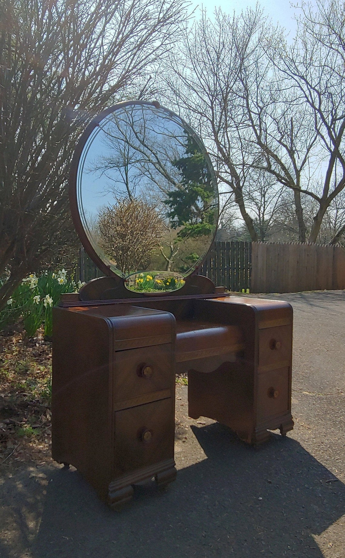 VANITY with Round Etched Mirror Vintage Classic DECO Waterfall | Etsy
