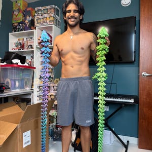 Könnte beinhalten: Eine Person hält zwei bewegliche, 3D-gedruckte Skulpturen. Eine hat einen Farbverlauf aus Blau, Lila und Rosa, die andere ist grün. Die Skulpturen sind lang, segmentiert und ähneln einer stilisierten Wirbelsäule oder Pflanze.
