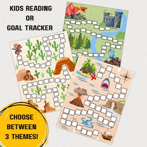 May include: Three colorful goal tracker charts with different themes: a desert scene with cacti, a medieval castle, and a treasure map. Each chart has a grid of squares for tracking progress. The text reads "KIDS READING OR GOAL TRACKER" and "CHOOSE BETWEEN 3 THEMES!"