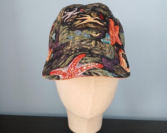 Reversible Seascape Cotton Baseball Cap: Handmade Upcycled Caps