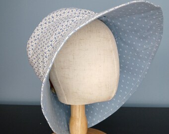 Blue Leaf Print Cotton Sun Hat: Handmade Upcycled Sun Hats