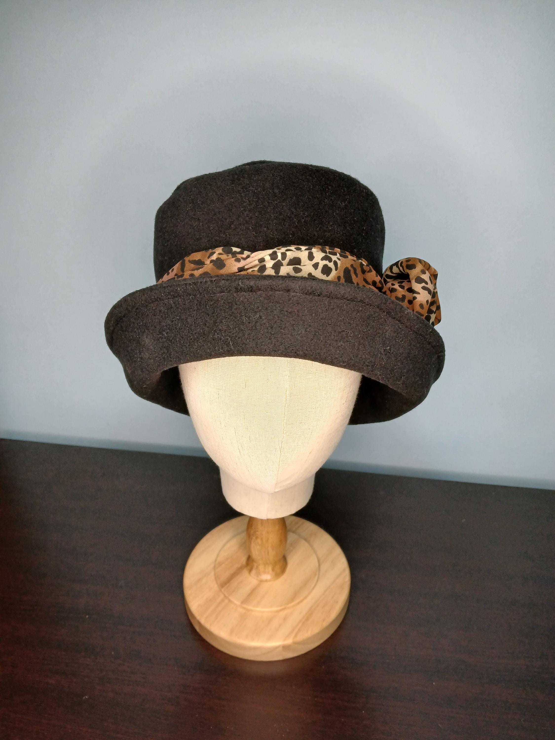 Upcycled Black Wool Bucket Hat: Animal Print Band, Silk 