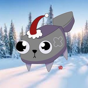May include: A gray cartoon creature wearing a red Santa hat with white trim. The creature has large eyes, a small nose, and a small mouth. It is standing on a snowy background.