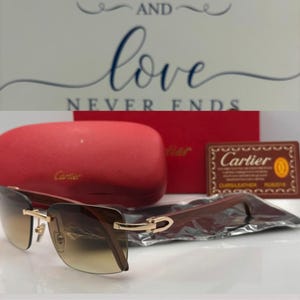 Cartier Rimless Sunglasses, Mod Ct-02285  Brown Lens Wooden Frame Luxury Eyewear Men/ Women, Mother Gift, Father Gift, Parents Day Gift