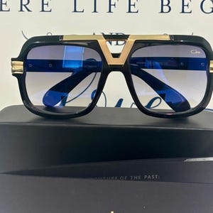 Cazal Sunglasses, Blue Lens Black & Gold Frame Luxury Eyewear Men/ Women, Mother Day Gift, Men's Gift, Birthday Gift For Her