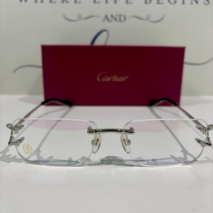 Gafas Cartier tipo C sin montura: montura rectangular negra y plateada con lentes transparentes para hombre y mujer, regalo de San Valentín.