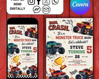 Editable Monster Truck Birthday Invitation | Boom Crash Party Invite | Canva Template | Instant Download