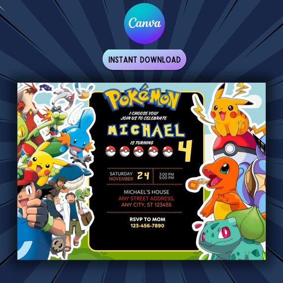 pokemon invitation card customizable invite template | instant download | Share or Print POKEMON Invitations Birthday Party Invites