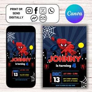 Spiderman Birthday Invitation, Spiderman Birthday Invitation, Printable Spiderman Birthday Party Invite,  Editable Canva Birthday Invitation