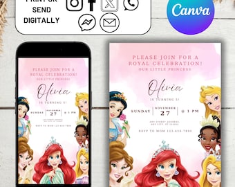 Princess Birthday Invitation Princess Invitation Princess Party Invitation Girl Princesses Invitations Gold Pink Instant EDITABLE Digital