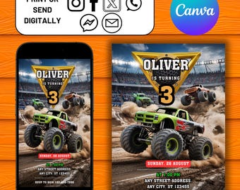 Monster Jam Theme Kids Birthday Invitation, Birthday Jam, Colorful Monster Truck Birthday Invite, Kids Party Editable Invite Template