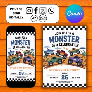 Monster Truck Birthday Invitation, Editable Canva Template, Boys 2nd Birthday Invite, Monster Jam Party, Watercolor Trucks Theme